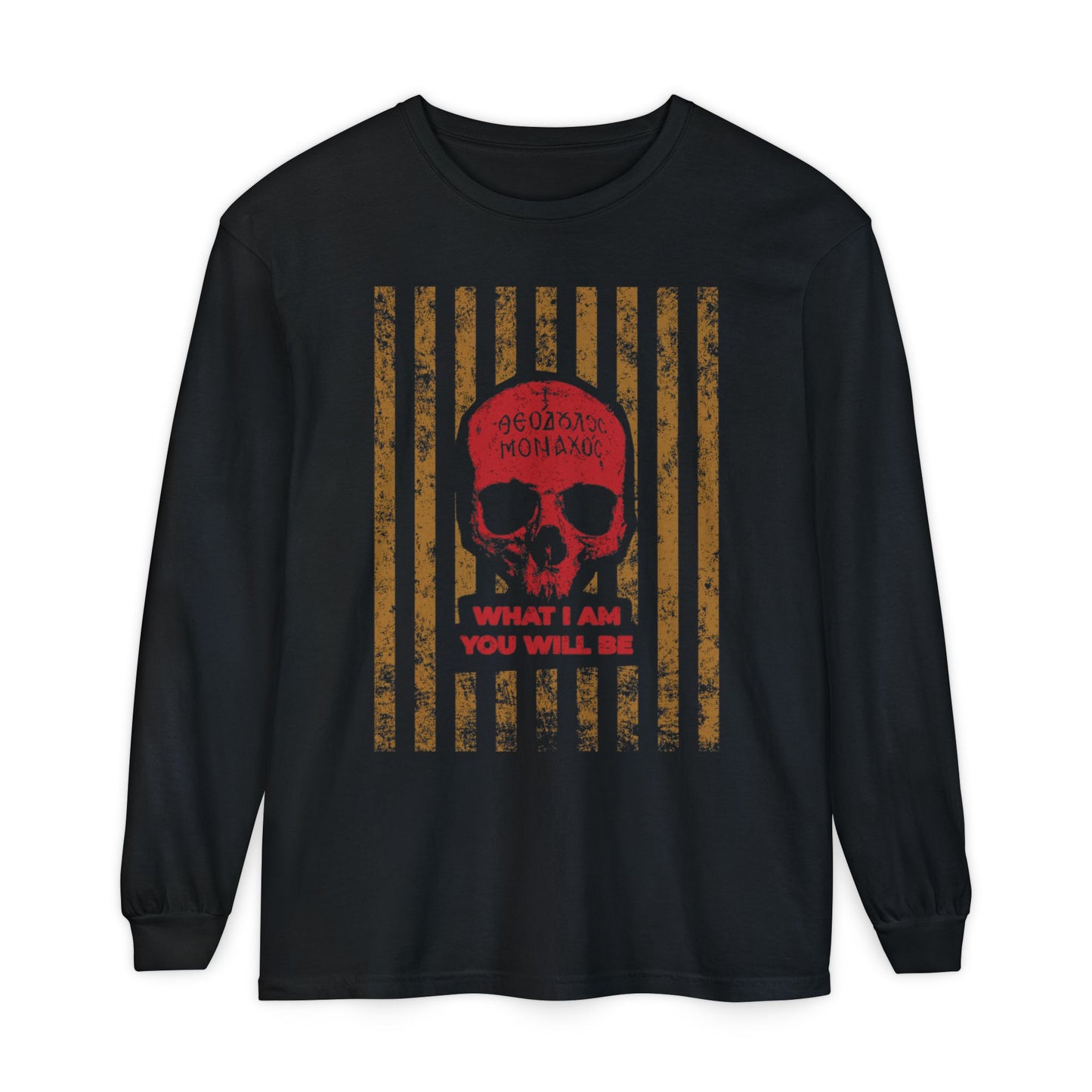 Black cotton long-sleeve shirt featuring a red Mt Athos monk skull, gold stripes, and "What I Am You Will Be"—a bold Memento Mori design embodying ascetic ethos and the remembrance of death.