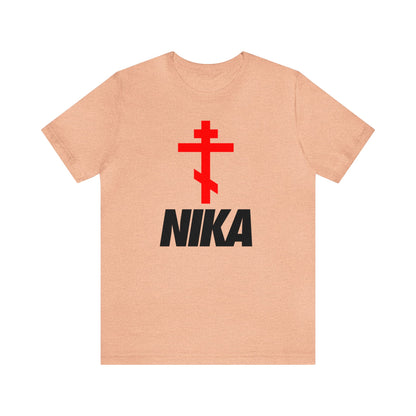 NIKA Red Orthodox Cross Black Text | Orthodox Christian T-Shirt