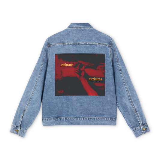 Embrace Meekness | Haunting Crucified Hand of Christ | Kenosis | Meek Shall Inherit Earth | Haltone Art | Gothic Font | Christian Jean Jacket