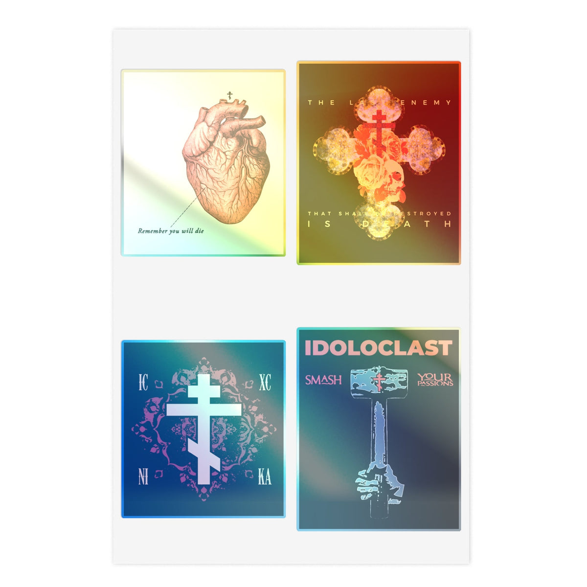 Bestseller Mix No. 2 Four Orthodox Stickers: unique designs featuring cross, heart, hammer & “Final Enemy” text.