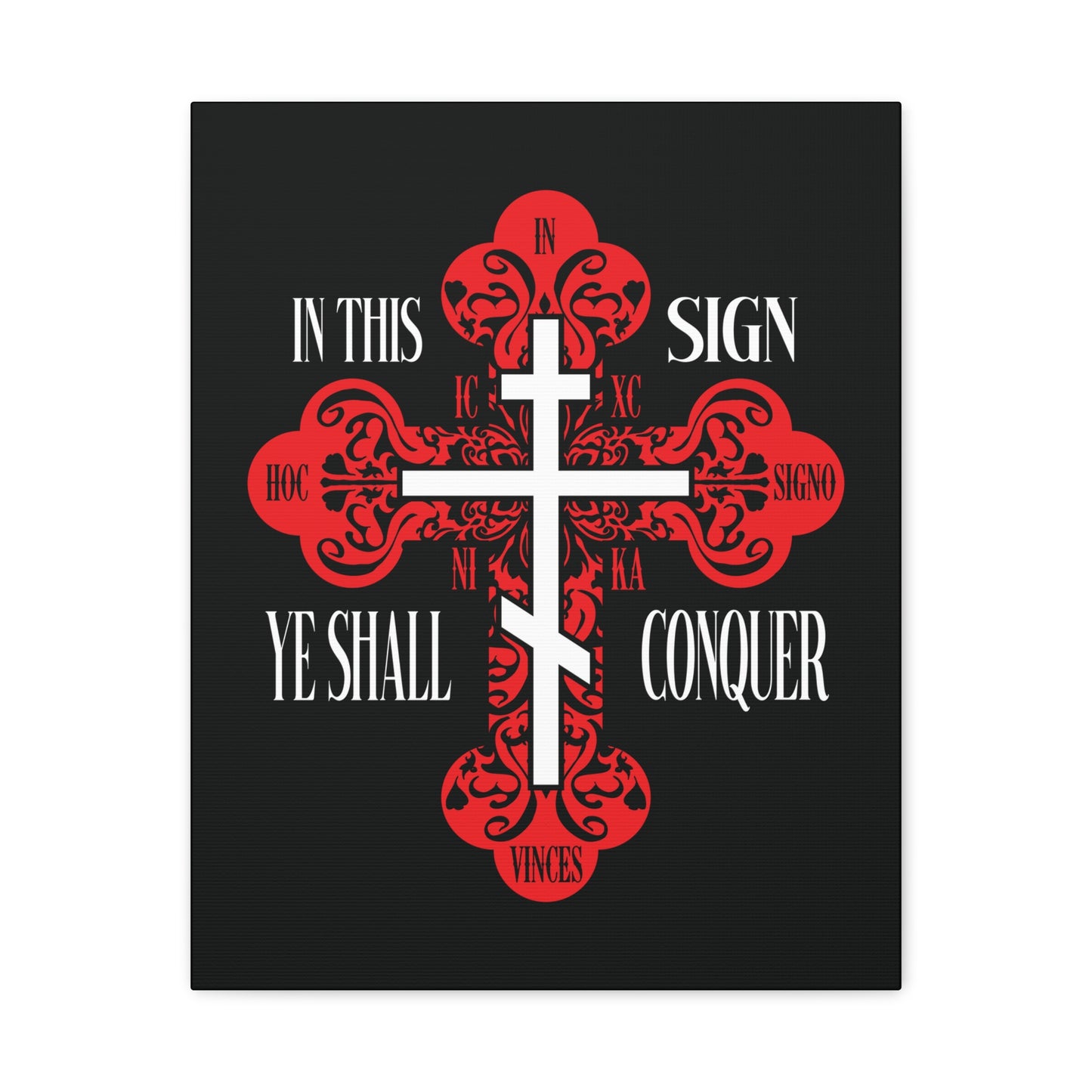 A striking red and white Orthodox cross featuring "In This Sign Ye Shall Conquer" (ICXC NIKA, In Hoc Signo Vinces), symbolizing spiritual victory, on a black background—perfect Christian wall art.