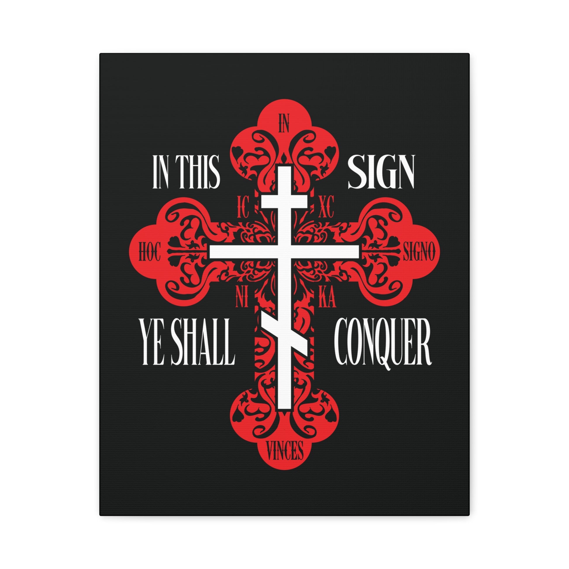 A striking red and white Orthodox cross featuring "In This Sign Ye Shall Conquer" (ICXC NIKA, In Hoc Signo Vinces), symbolizing spiritual victory, on a black background—perfect Christian wall art.