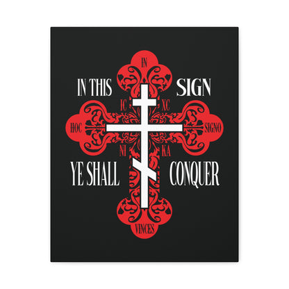 A striking red and white Orthodox cross featuring "In This Sign Ye Shall Conquer" (ICXC NIKA, In Hoc Signo Vinces), symbolizing spiritual victory, on a black background—perfect Christian wall art.