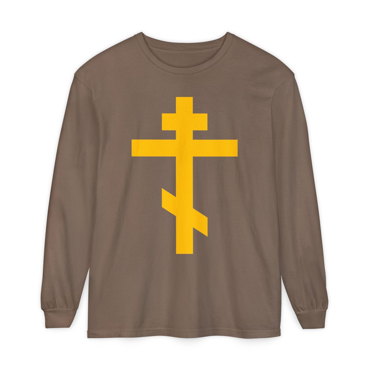 Espresso long-sleeve cotton shirt with a bold yellow Orthodox Cross, inspired by Galatians 2:20 and the message “crucified with Christ”—a precious, life-giving weapon in unseen warfare, scourge of demons.