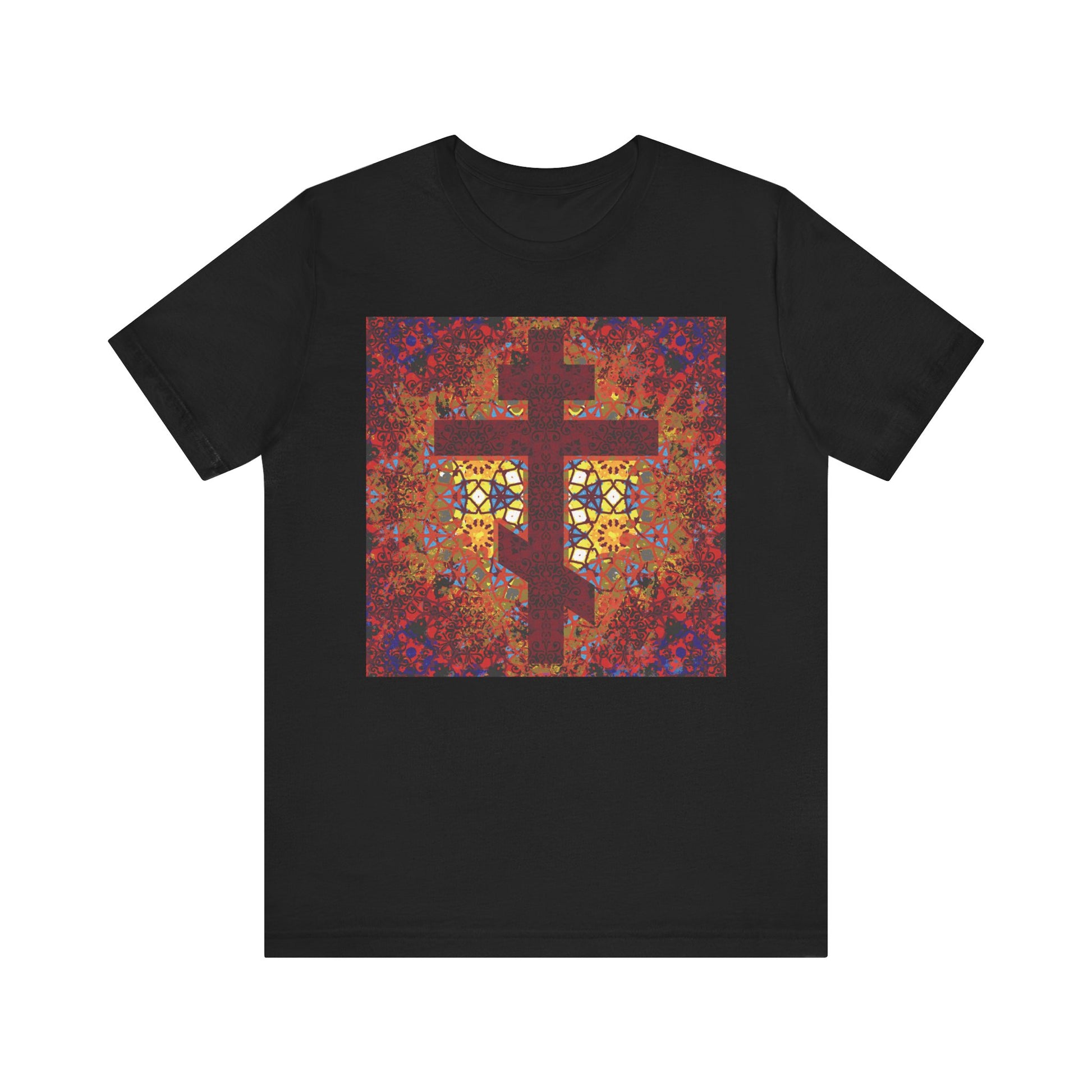Black unisex t-shirt made from lightweight cotton, featuring a geometrical stained glass Orthodox cross design in red, yellow, and purple, along with an inspirational quote from Elder Ambrose of Optina.