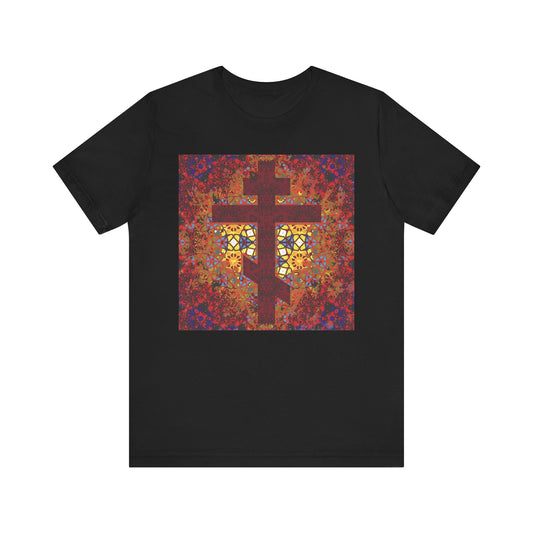 Black unisex t-shirt made from lightweight cotton, featuring a geometrical stained glass Orthodox cross design in red, yellow, and purple, along with an inspirational quote from Elder Ambrose of Optina.