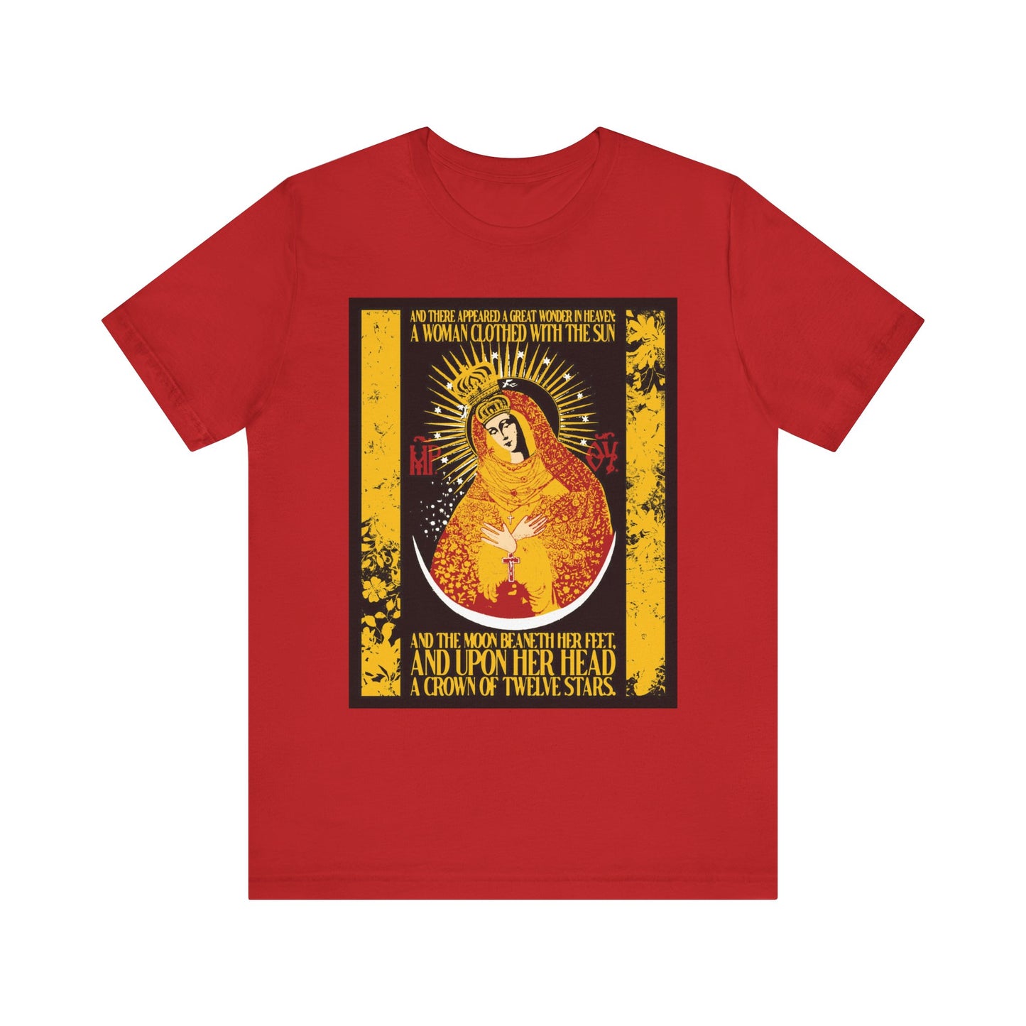 Red “Our Lady the Gate of Dawn” t-shirt featuring the crowned Theotokos in gold floral texture with Revelation 12:1 text, inspired by the Woman of the Apocalypse. Lightweight, cotton, and unisex.