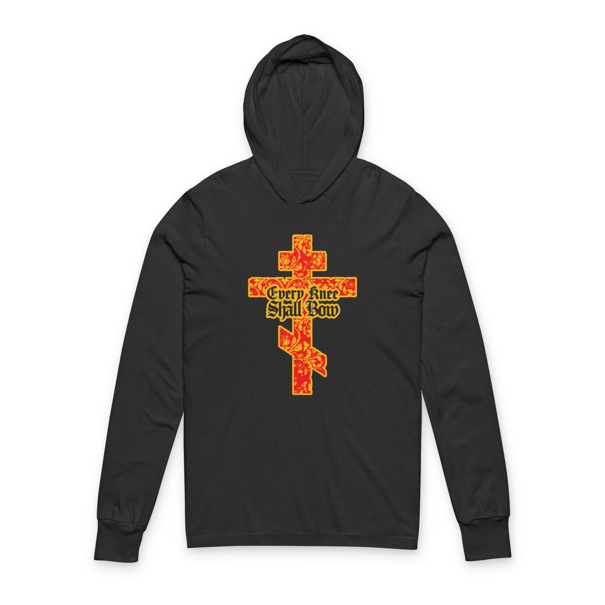 The "Every Knee Shall Bow" Christian hooded shirt features a gold and red floral Orthodox cross with gothic lettering, inspired by Isaiah 45:22-24 and Philippians 2:7-11, declaring Jesus Christ is Lord.