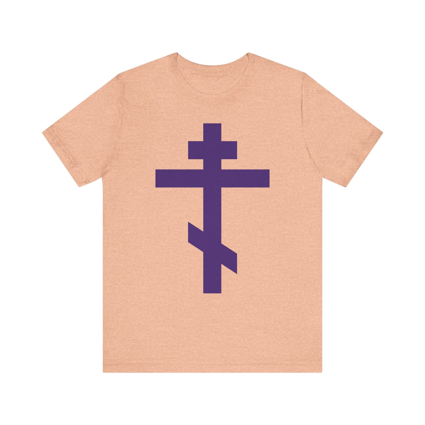 Heather Peach lightweight cotton unisex tee featuring a large purple Orthodox tribar cross on the front, inspired by the faith and teachings of St. John of Kronstadt, with the message “Preserve Thy People By Thy Cross, O Lord — Christ is King.”.