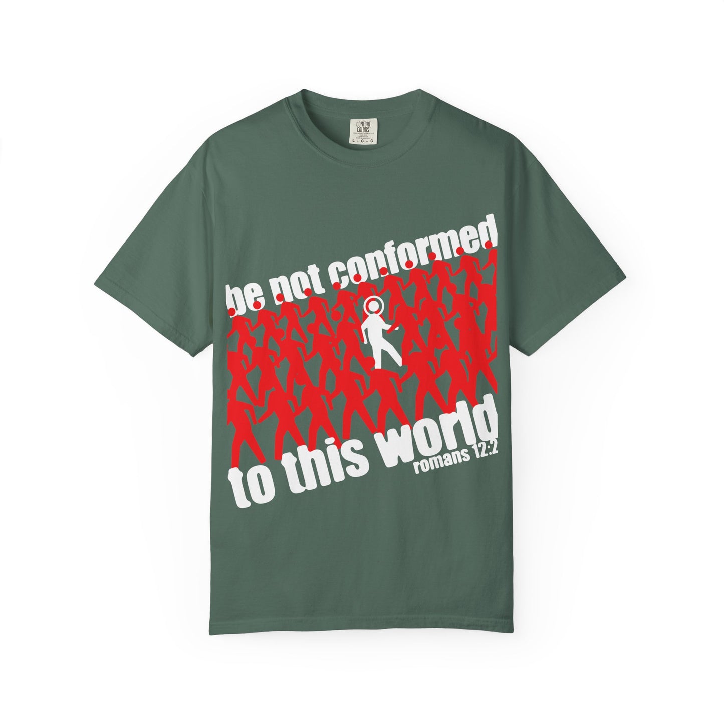 Blue Spruce “Be Not Conformed to This World (Romans 12:2) | Reject the Modern World | Orthodox Christian Heavyweight Cotton Unisex Tee” featuring red figures with a distinct white figure and the message: “Be not conformed to this world. Romans 12:2.” Inspired by Romans 12:1-2, this design serves as a daily reminder to renew your mind and pursue rational worship in everyday life.