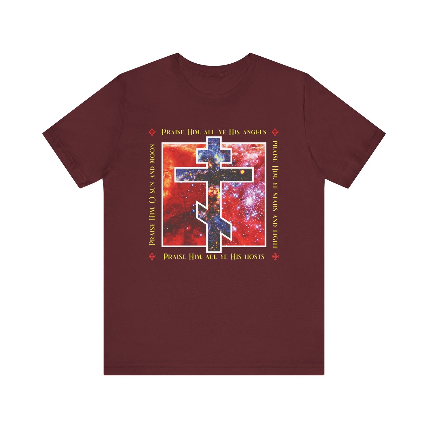 Praise Him All Ye His Angels, Praise Him Ye Stars and Light | Cosmic Orthodox Cross | Divine Council | Lightweight Cotton Unisex Tee