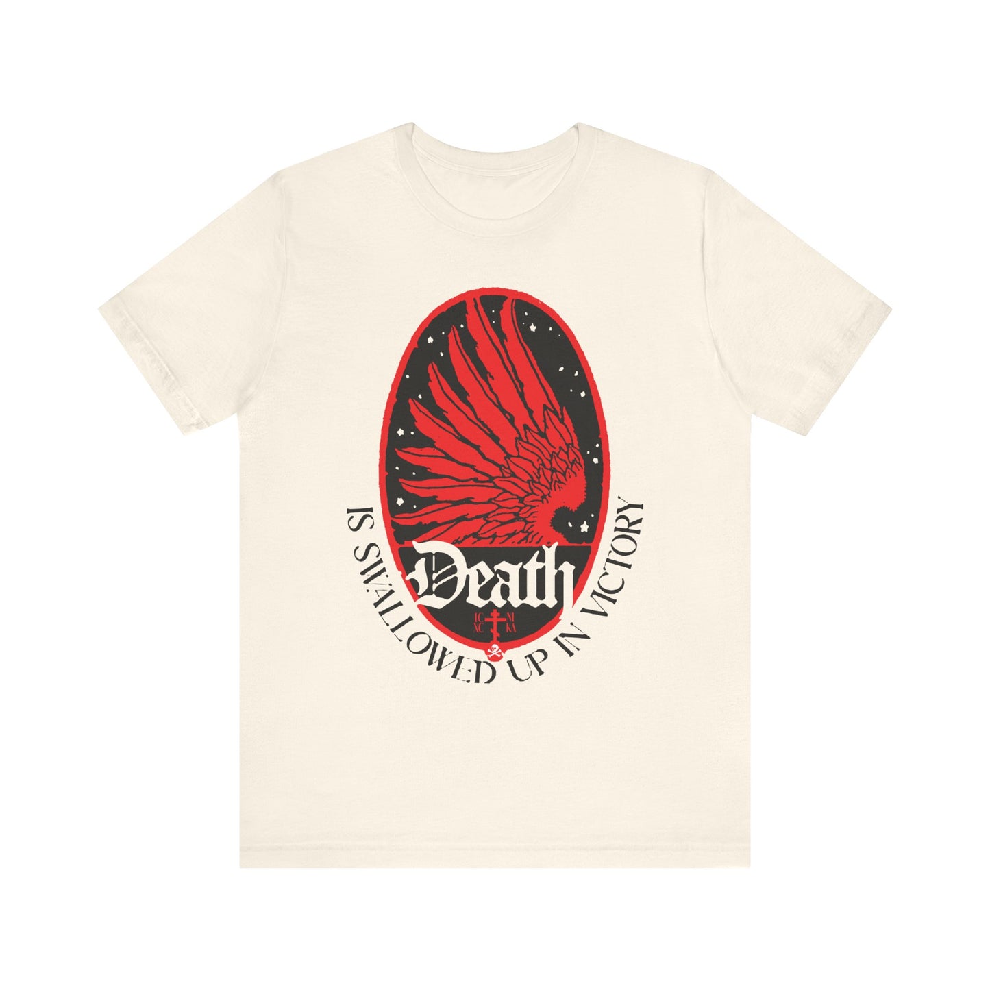 Natural unisex tee featuring an Art Nouveau eagle wing and stars with "Death is swallowed up in victory" (1 Cor 15:54), a bold Orthodox Christian statement of immortality. Lightweight cotton.