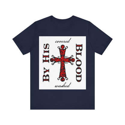 Washed/Covered By His Blood (1 John 1:7) | ICXC NIKA Ornate Red Orthodox Cross | Orthodox Christian Cotton T-Shirt