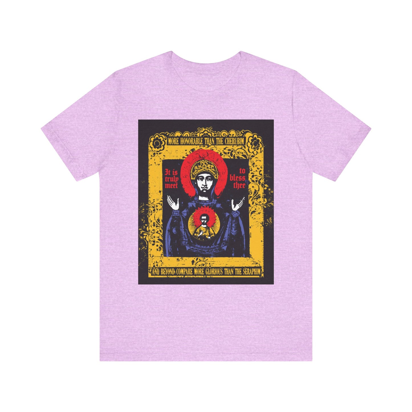 Heather Prism Lilac lightweight cotton unisex tee featuring a colorful iconographic design of the Mother of God and a gold decorative border on the back, inspired by the Axion Estin hymn.