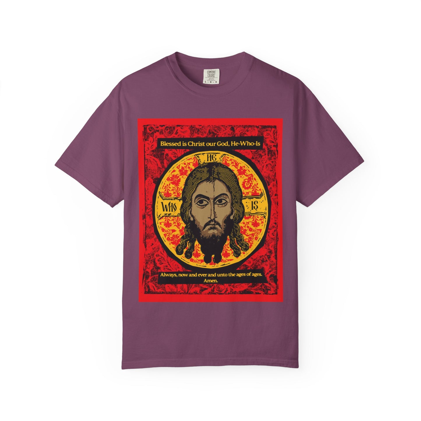Berry t-shirt featuring "Made Without Hands" (Mandylion/Image of Edessa) Jesus Christ Orthodox iconographic design with text from an Orthodox hymn. Christian heavyweight cotton, unisex fit.