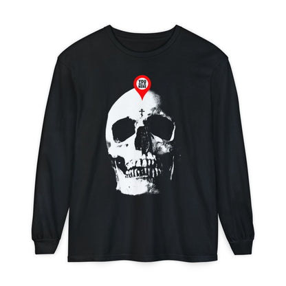 The black "You Will Be Here Maps Marker on Skull" long sleeve features a white skull with a red location marker, inspired by Orthodox memento mori themes: "What You Are I Once Was. Remember You Will Die.