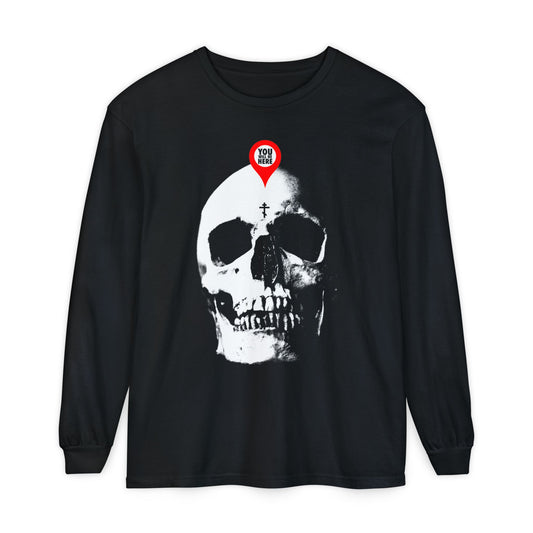 The black "You Will Be Here Maps Marker on Skull" long sleeve features a white skull with a red location marker, inspired by Orthodox memento mori themes: "What You Are I Once Was. Remember You Will Die.