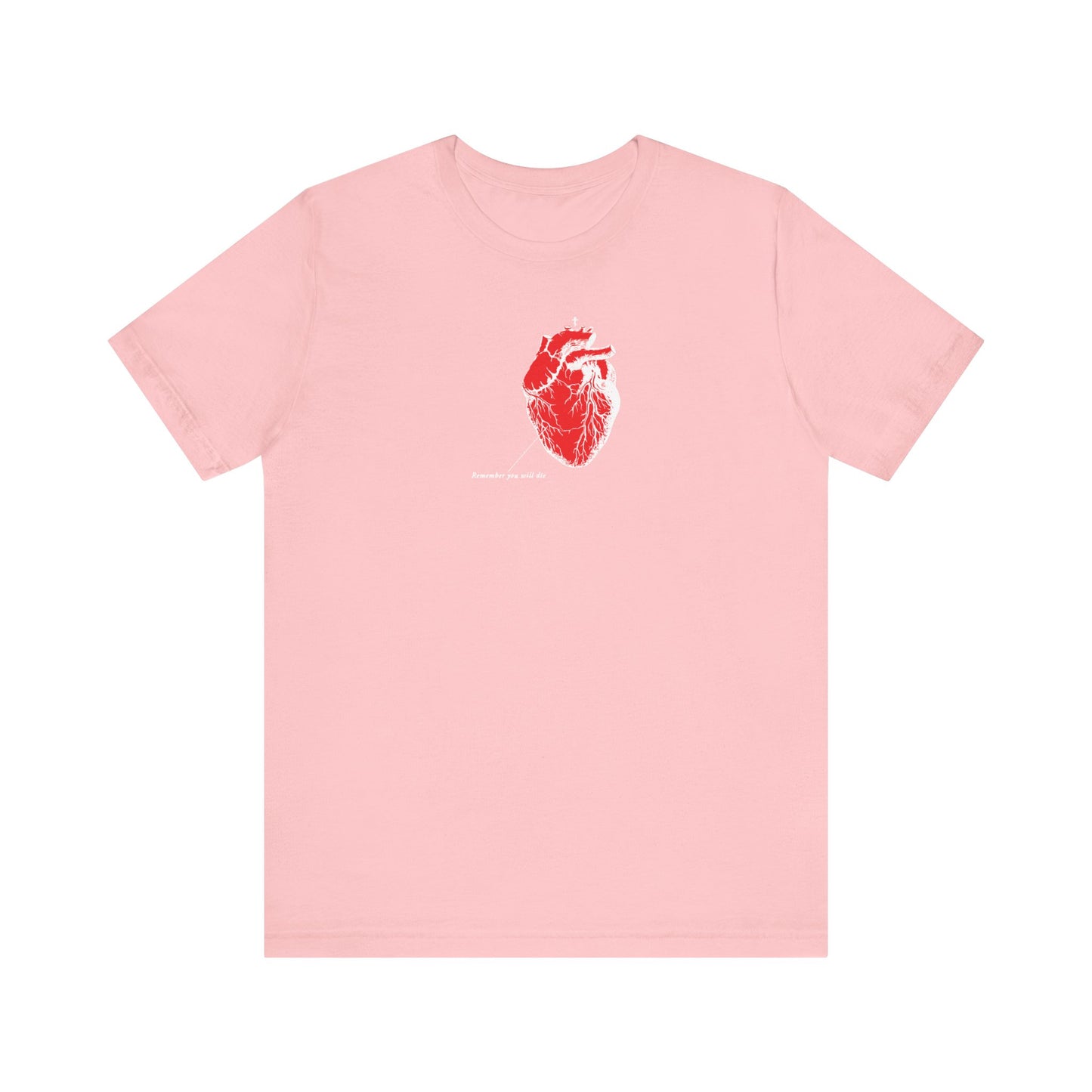 A lightweight pink unisex cotton t-shirt featuring an antique medical textbook-style heart illustration with inverted shadows, paired with subtle white text beneath it—Orthodox Christian design inspired by St John of the Ladder, and themed “Remember You Will Die” to evoke remembrance and spiritual reflection.