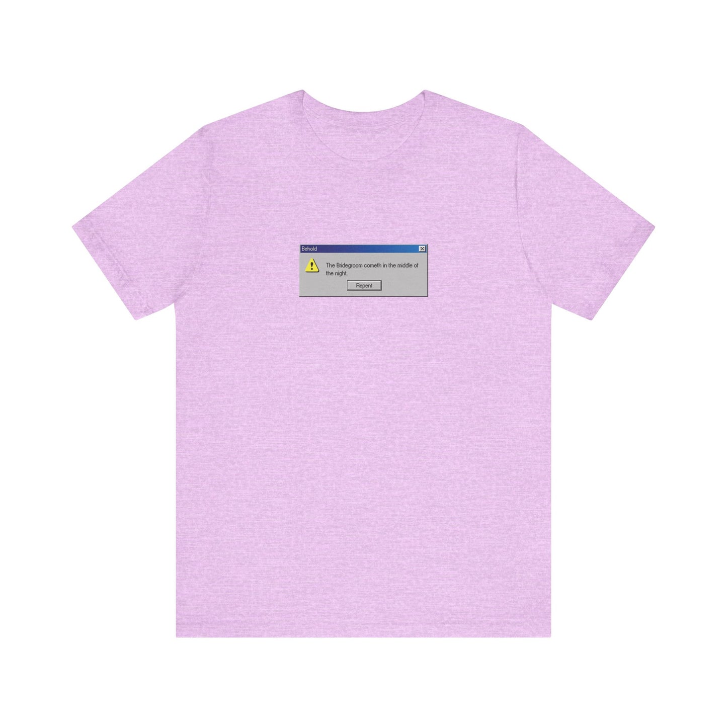 Heather Prism Lilac unisex t-shirt featuring a small pixelated Windows error message, reading "Repent Now"—the "Behold the Bridegroom" Orthodox Christian design is a modern, lightweight cotton tee perfect for casual reflection and confession.