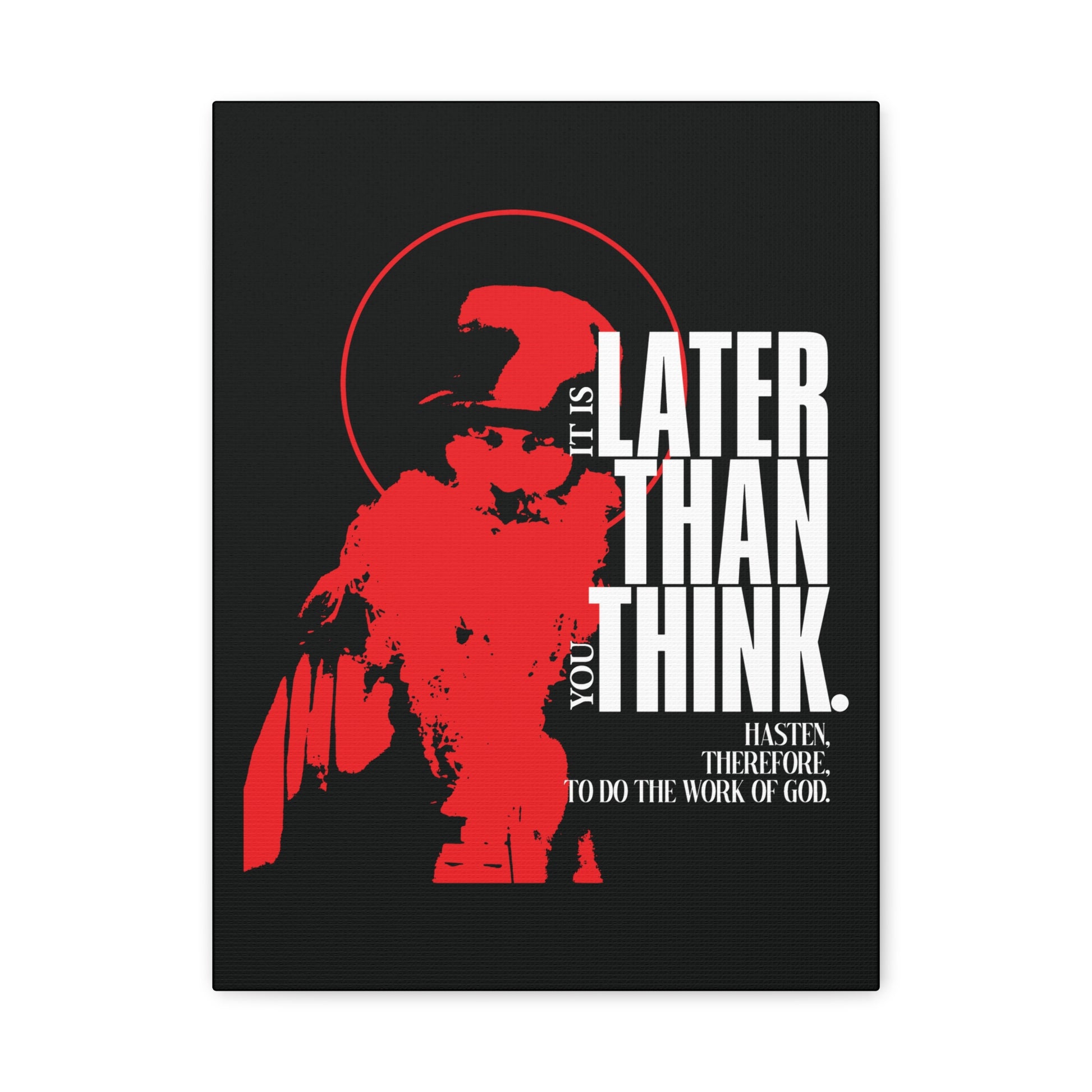 Minimal red silhouette of Seraphim Rose with halo and the phrase "It’s Later Than You Think"—a striking Christian canvas art reflecting an apocalyptic ethos and urgent Orthodox call.
