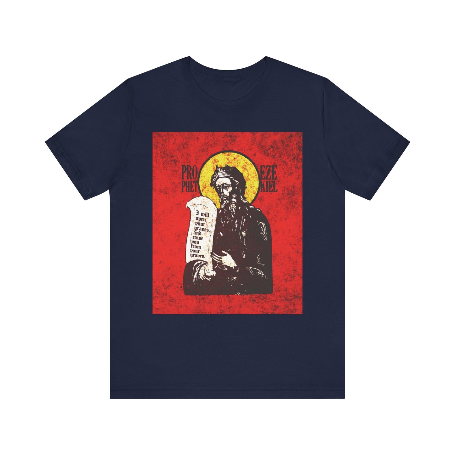 Navy "Prophet Ezekiel IconoGraphic" t-shirt featuring a textured, high-contrast bright red and yellow Old Testament design, depicting the prophet holding a scroll and capturing the profound Spirit of the Lord in every detail. Made from lightweight cotton for a comfortable unisex fit.