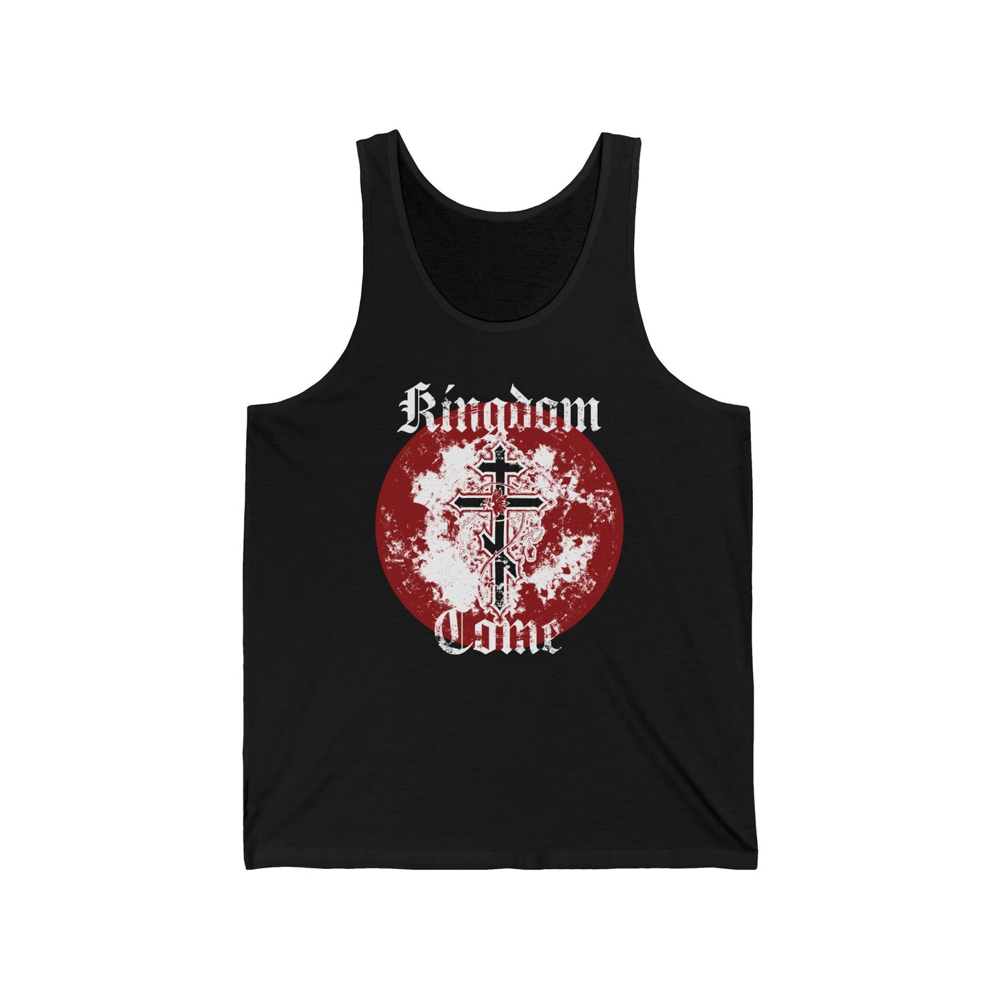 Kingdom Come | Lord's Prayer | Orthodox Cross with Vine | Textured Gothic Font | Orthodox Christian Cotton Tank Top