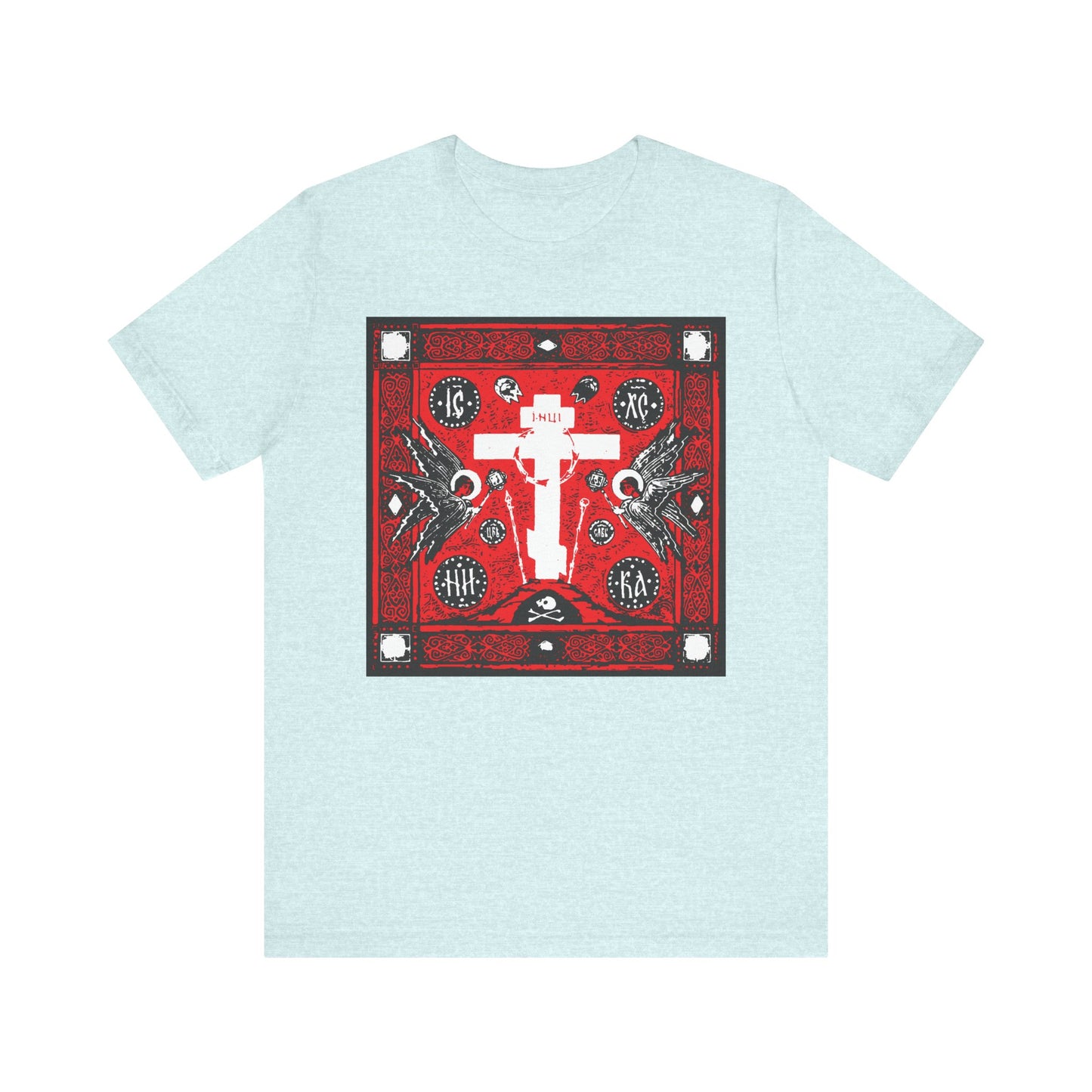 The Adoration of Holy Cross IconoGraphic unisex T-shirt in Heather Prism Ice Blue showcases a bold red, white, and black Russian cross with angel graphics, inspired by Novgorod designs, on lightweight cotton.