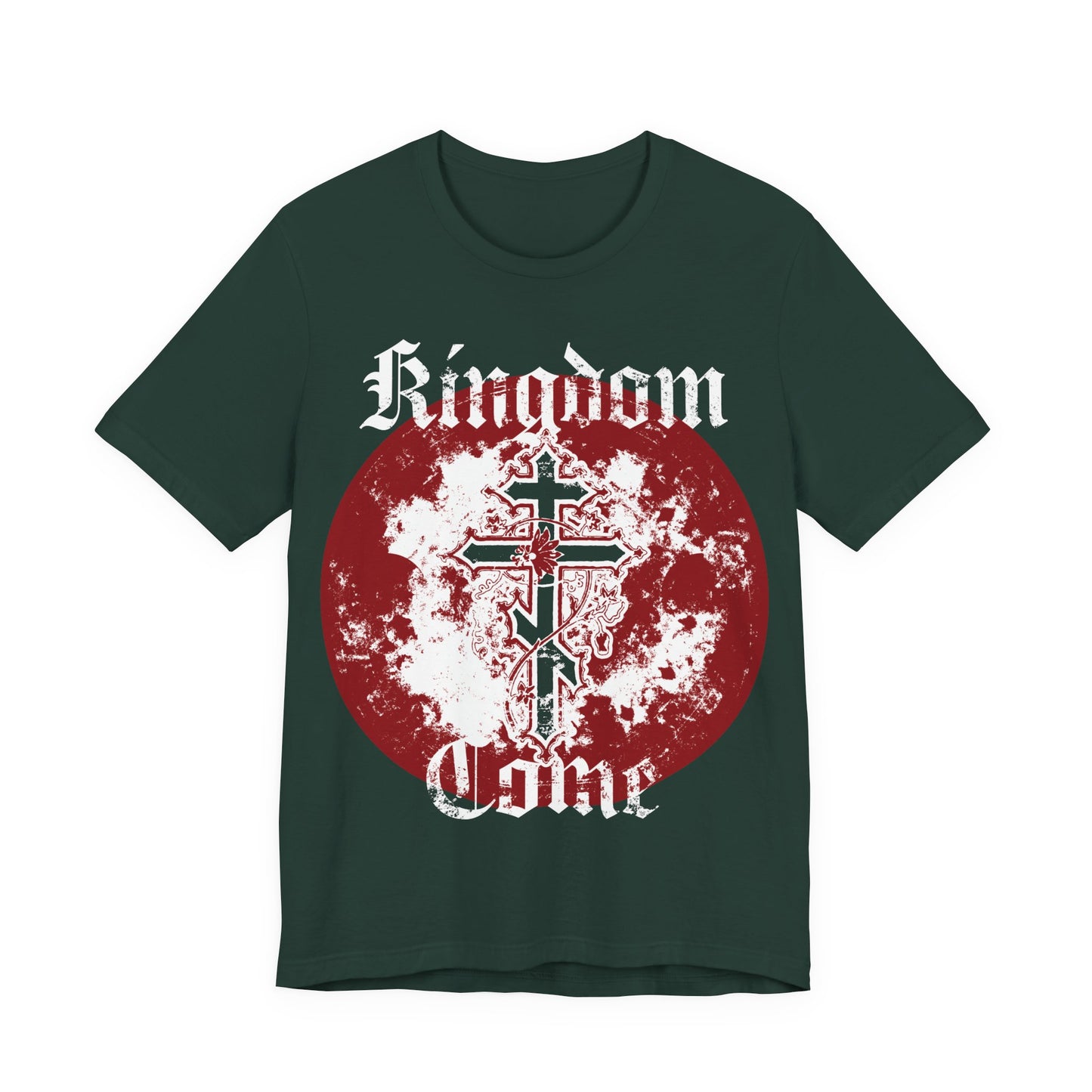 Forest green Kingdom Come | Lord's Prayer unisex cotton t-shirt, featuring an Orthodox cross with vine design and “Thy Kingdom Come” text at the center, inspired by faith and the Holy Spirit.