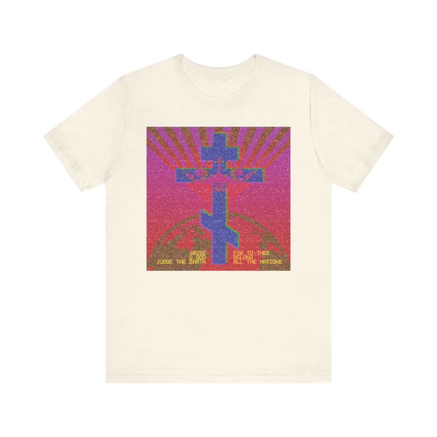 Natural cotton unisex t-shirt featuring an 80s retro VCR/computer pixel design with blue cross, pink-orange background, sunrays, gold text, and a nod to the divine council from Psalm 81—Orthodox Christian inspired.