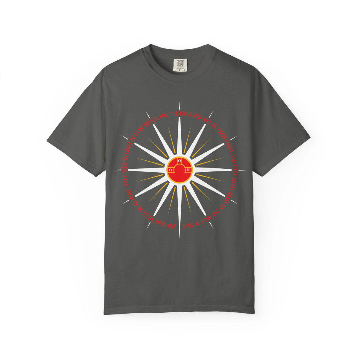 Pepper-colored heavyweight cotton T-shirt featuring a blazing sunburst design with a red house at its center, encircled by white and orange rays—a subtle homage to the holy city and the hope of an imperishable homeland; inspired by Revelation 22:5 and reflecting Orthodox Christian apocalyptic themes.