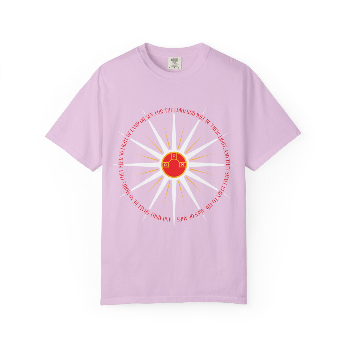 Orchid heavyweight cotton T-shirt featuring a red sun and house graphic with blazing rays and circular text, inspired by Revelation 22:5 and the hope of an imperishable homeland, from the “And Night Shall Be No More” Orthodox Christian collection.
