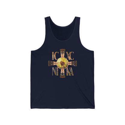 ICXC NIKA Celtic Style Equal Armed Cross | Bright Solar Texture | Orthodox Christian Jersey Tank Top