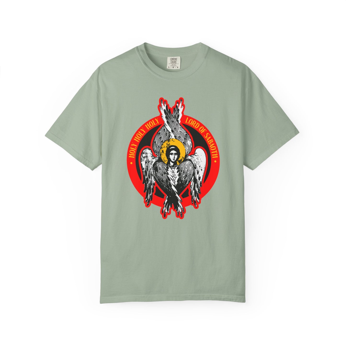 Bay green heavyweight cotton tee featuring a seraphim angel graphic with red circle and “Holy Holy Holy Lord of Sabaoth”—inspired by Isaiah 6’s unseen realm.