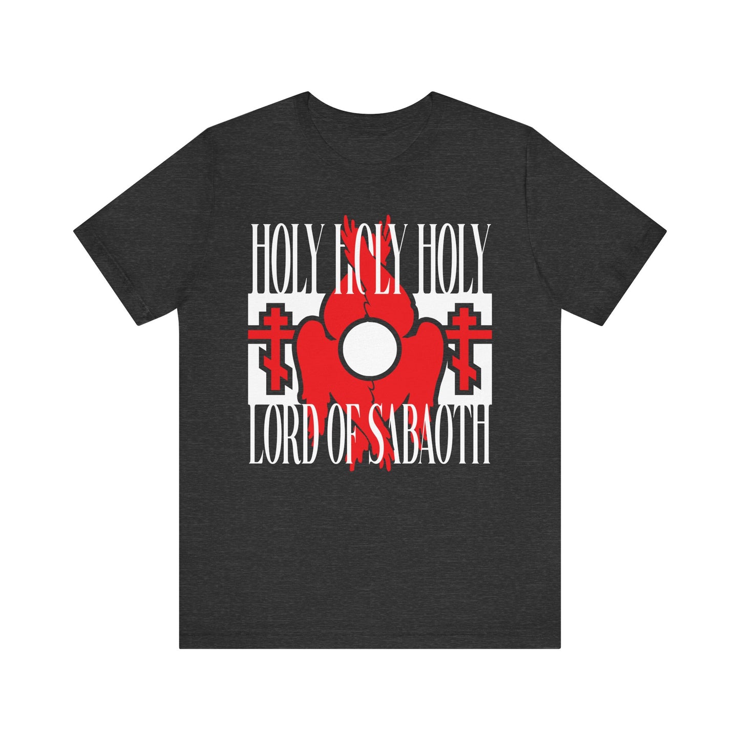 Dark Grey Heather tee featuring red seraphim wings, Orthodox crosses, and "Holy Holy Holy Lord of Sabaoth" (Isaiah 6:3) on the front, inspired by Divine Liturgy. Lightweight cotton unisex design for a striking Christian statement.