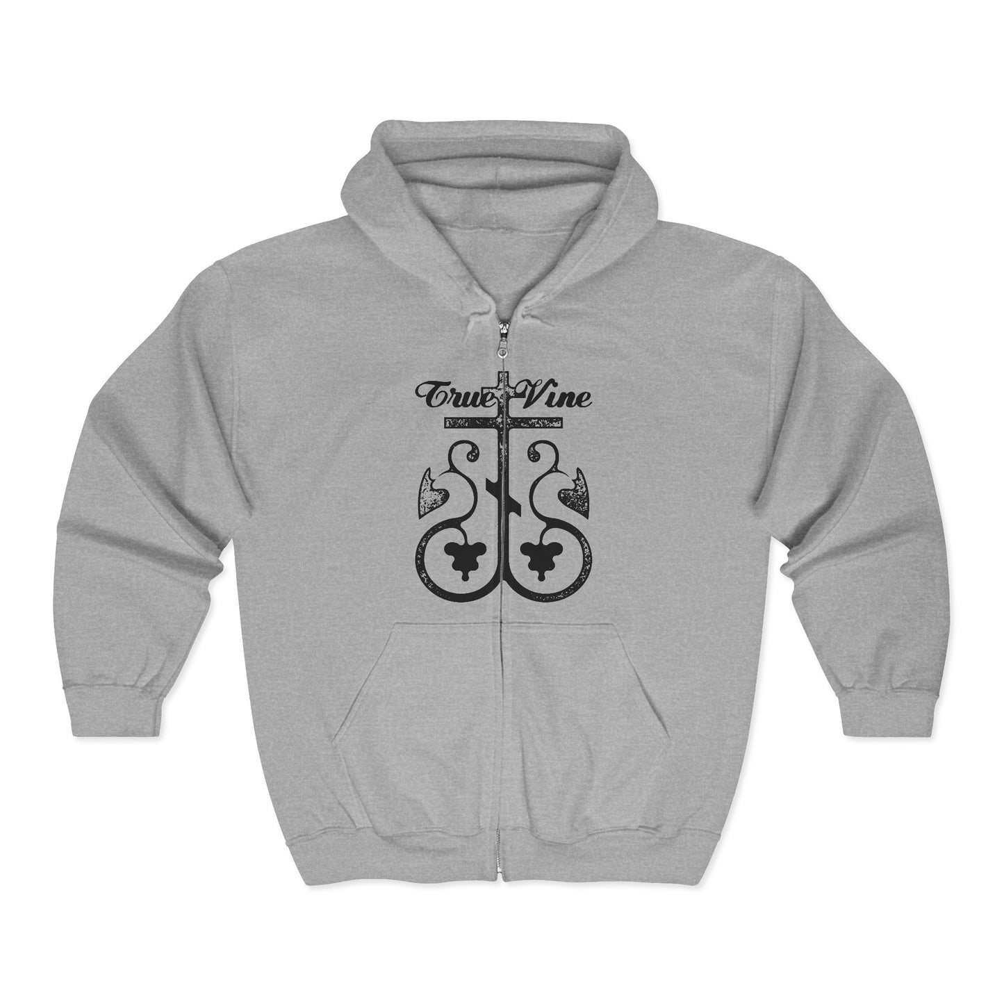 I Am the True Vine FRONT (John 15, Ezekiel 15) | Orthodox Cross with Grape Vine | Photocopy Effect | Orthodox Zipper Hoodie