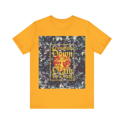 Trampling Down Death By Death | Paschal Floral Design with Gothic Script and Three-Bar Cross | Orthodox Christian T-Shirt