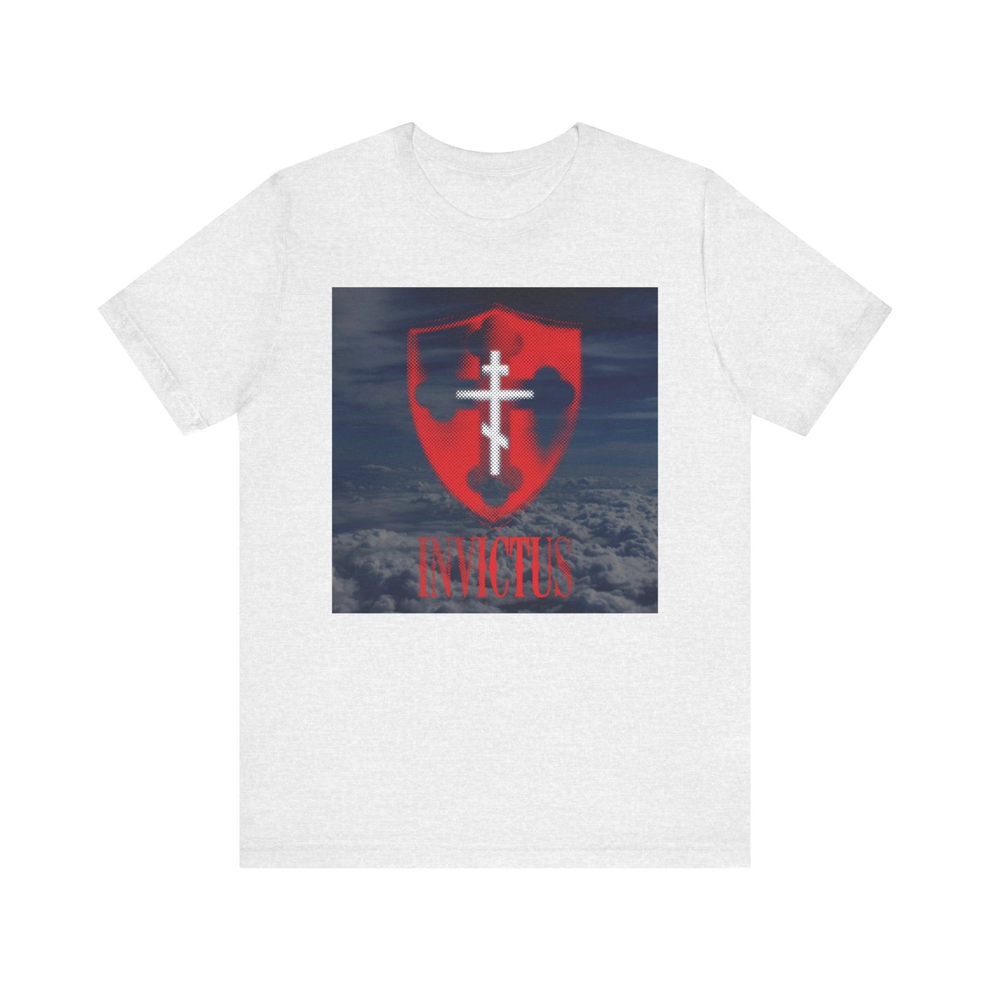 Ash-colored "Invictus White Orthodox Cross" lightweight cotton unisex tee featuring a glowing red halftone shield, the word "INVICTUS," and a clouds background—symbolizing Christ unconquered, immortality, and unwavering strength, inspired by 1 Corinthians 15:54.