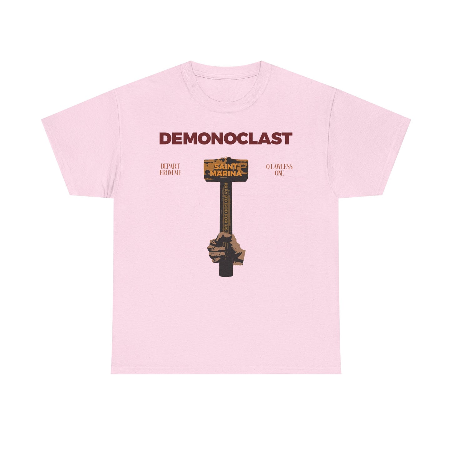 Light pink "Demonoclast | St. Marina's Hammer" midweight cotton unisex tee featuring Saint Marina, a cross with hands holding it, and "Christ Conquers" NIKA fist graphic, inspired by the Life of the Great Martyr Marina.
