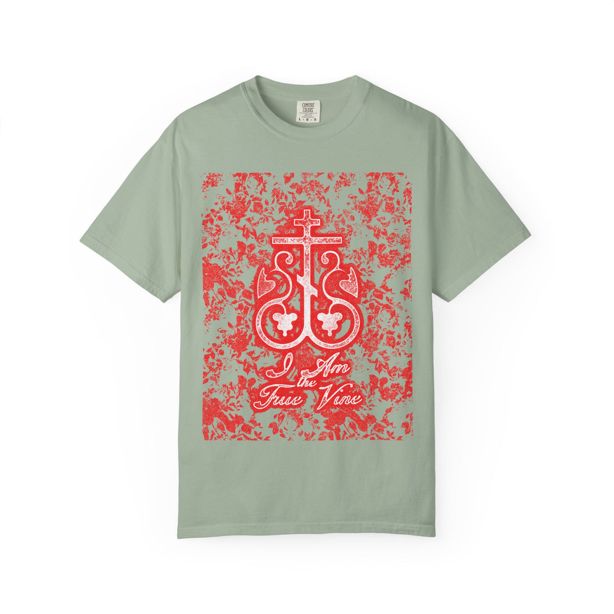 Bay-colored heavyweight cotton unisex tee featuring an ornate red and black floral design with an Orthodox cross vine monogram and the text “I Am the True Vine” on the front, inspired by John 15:1 and encouraging you to bear fruit.