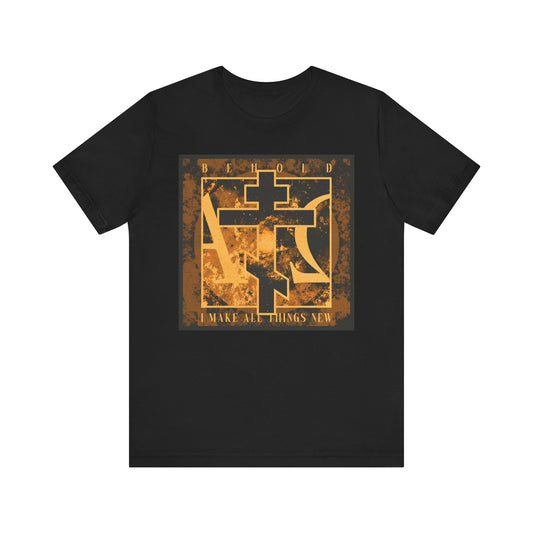 Black "Behold, I Make All Things New (Rev 21:5)" t-shirt featuring a brown & orange Orthodox cross with Alpha & Omega background. Lightweight cotton unisex design inspired by the promise of new creation.