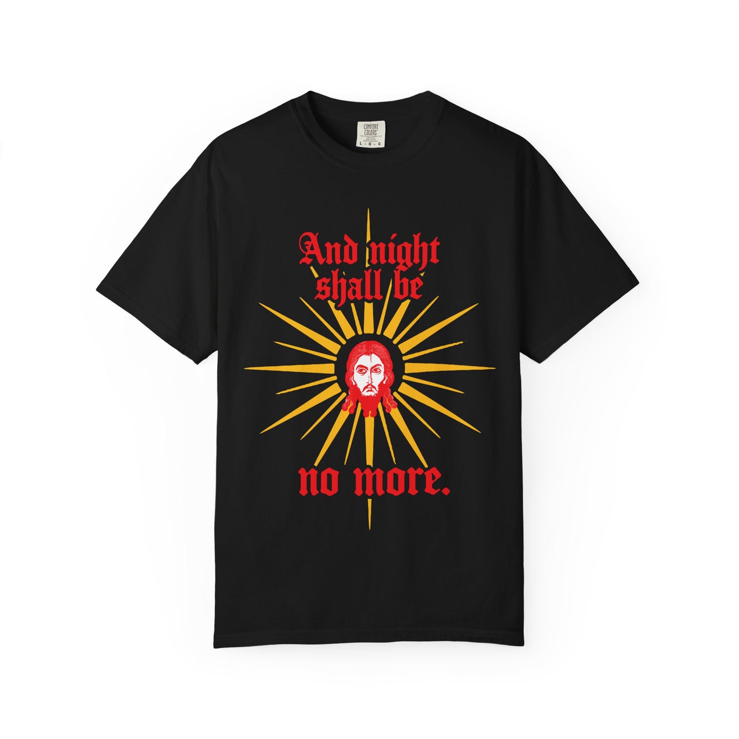 And Night Shall Be No More | Rev 22:5 | Jesus Christ Mandylion IconoGraphic | Gothic Text | Orthodox Christian Heavyweight Cotton Unisex Tee