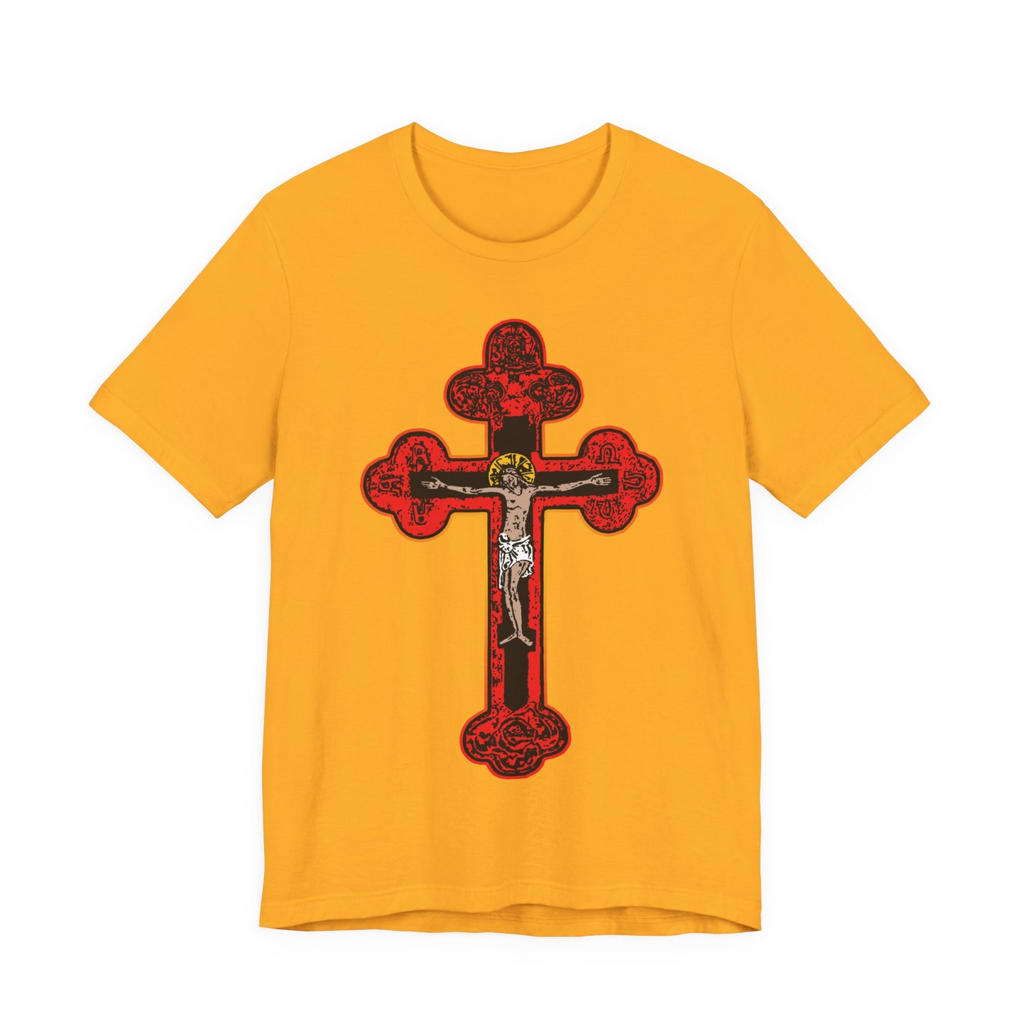 Gold unisex cotton tee featuring a large red and black Byzantine Golgotha Crucifix with Alpha & Omega; inspired by “I Am Crucified With Christ”—a powerful Orthodox Christian symbol of healing and faith.