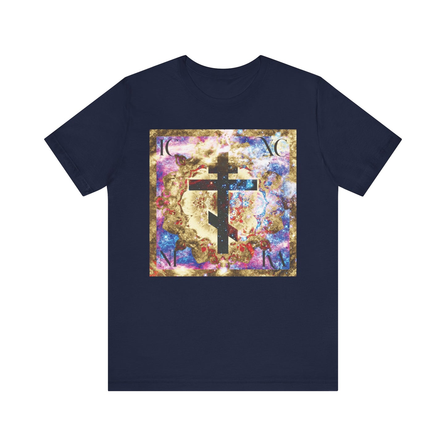 Navy ICXC NIKA Gold & Blue Colorful Cosmic Textured Cross T-shirt, crafted from lightweight cotton, featuring a bold Orthodox cross at the center—a design inspired by St. John of Kronstadt’s message of deliverance from evil.
