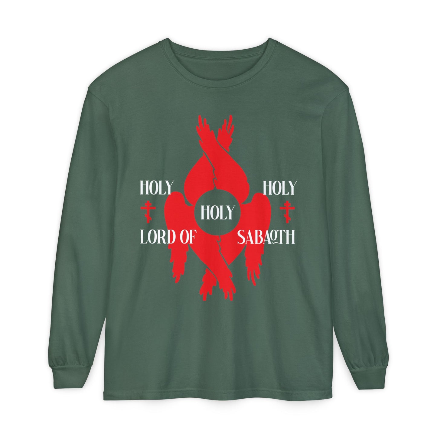 Blue Spruce long-sleeve cotton shirt featuring red seraphim wings, Orthodox crosses, and the text "Holy Holy Holy Lord of Sabaoth" from Isaiah 6:3—Orthodox Christian Divine Council design.