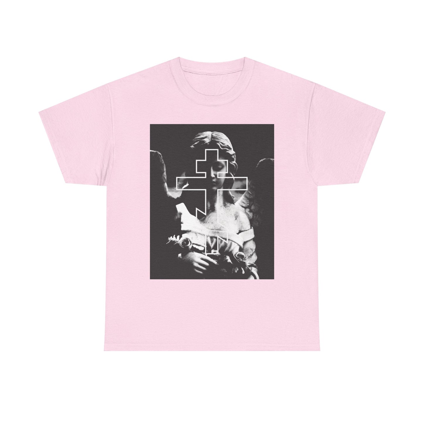 Light pink tee with a grayscale Cemetery Angel Orthodox Cross graphic and "Remember You Will Die" memento mori detail—midweight cotton unisex fit for a gothic, spiritual aesthetic.