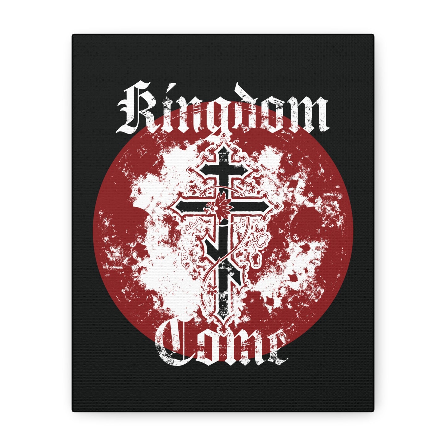 Orthodox cross with vine and "Thy Kingdom Come" in textured gothic font over a red moon, featured on the Kingdom Come Orthodox Christian canvas art.