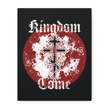 Orthodox cross with vine and "Thy Kingdom Come" in textured gothic font over a red moon, featured on the Kingdom Come Orthodox Christian canvas art.