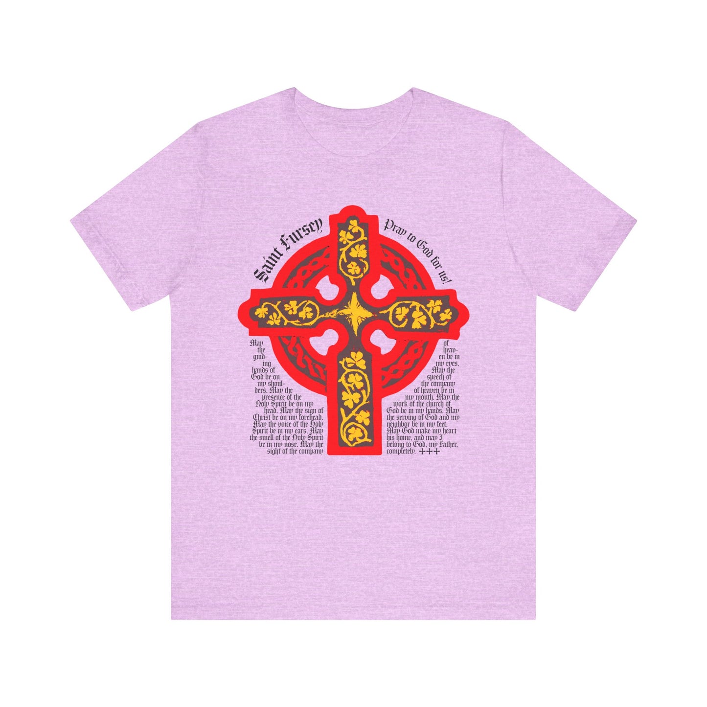 Heather Prism Lilac unisex tee featuring a red and yellow Celtic cross with ornate design and prayer text inspired by the Lorica Shield Prayer of St Fursey.