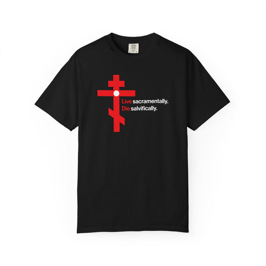 Live Sacramentally, Die Salvifically | Remember You Will Die | Memento Mori | Red Orthodox Cross White Circle | Heavyweight Cotton Unisex Tee