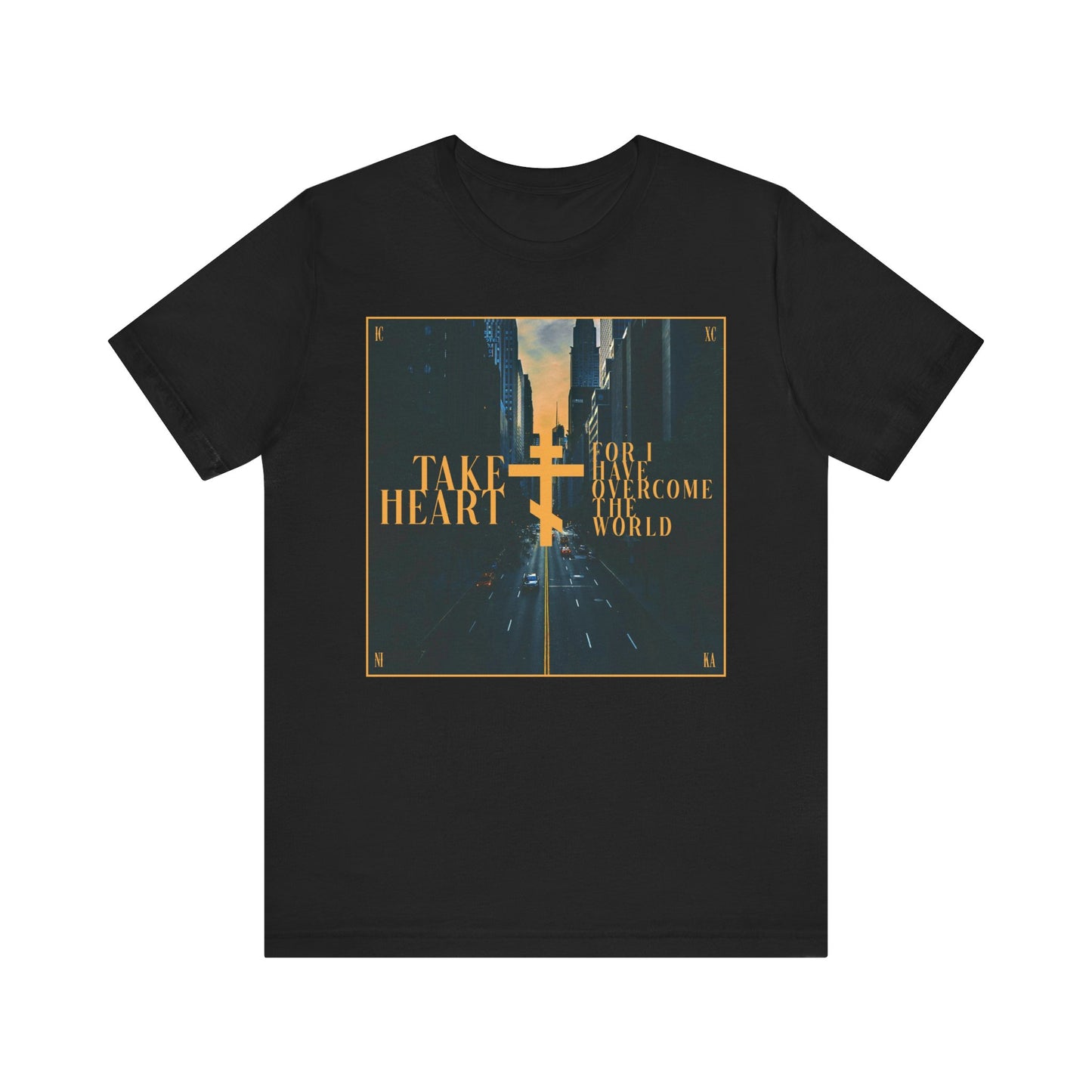 Take Heart, For I Have Overcome the World (John 16:33) | Redemptive Modern City Street Scene Design | Lightweight Cotton Unisex Tee
